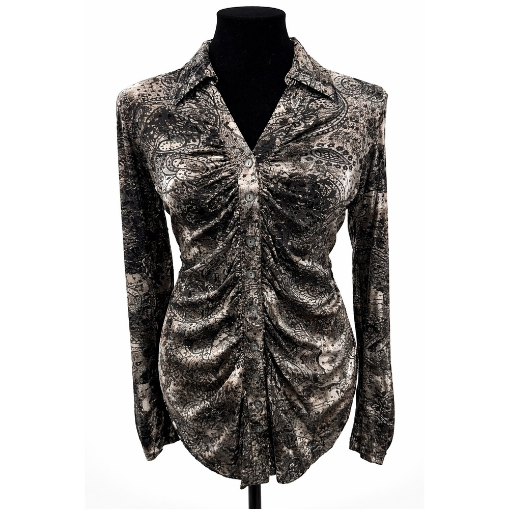 Sno Skins Womens Ruched Collared Burnout Blouse Large Black Paisley Velvet Print